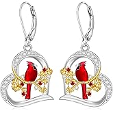 Cardinal Earrings for Women Sterling Silver Heart Red Cardinal Earrings Dangle Leverback Christmas Gifts