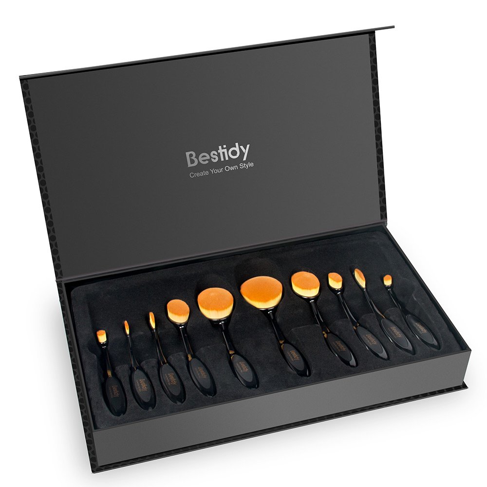 Bestidy Makeup Brush Set,Professional 10 Pieces Oval Makeup Brushes With Refined Gift Box, Soft Toothbrush Shaped Design For Foundation, Concealer, BB cream, Powder