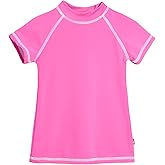 Made in USA Short Sleeve Little Girls' Rashguard Swimming Suit Swim Tshirt Tee UPF50+ Sun Protection for Beach Pool Summer Fun, SS Medium Pink/White, 6