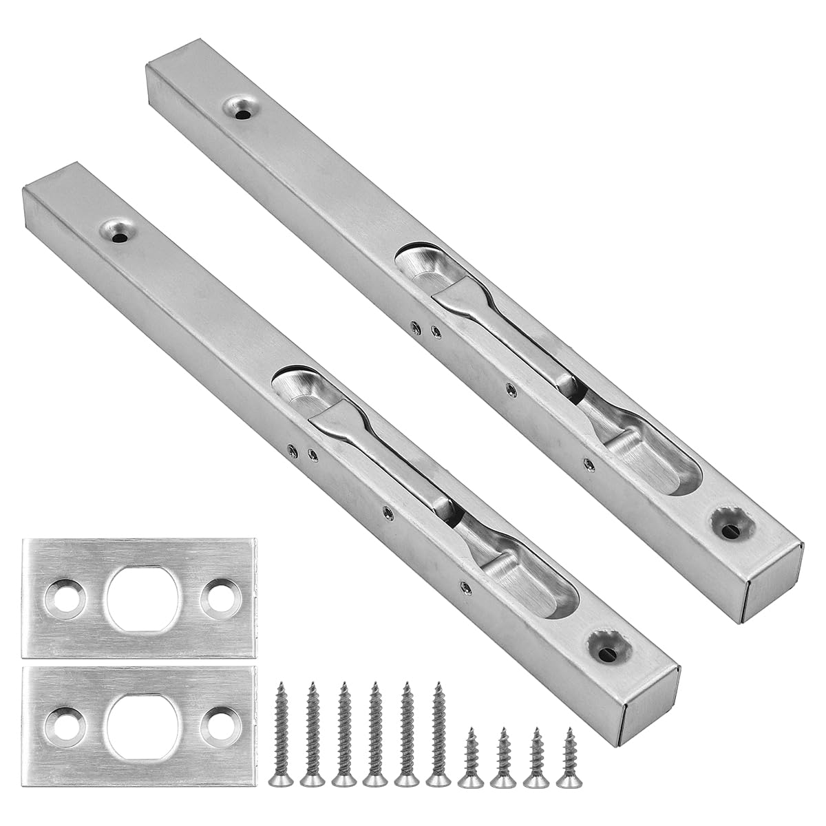 Set of 2 ZONADAH Concealed Door Bolt Security Lever Action Flush Bolt Latch Slide Locks, Stainless Steel Brushed Slide Latch - 10" (25cm) Length