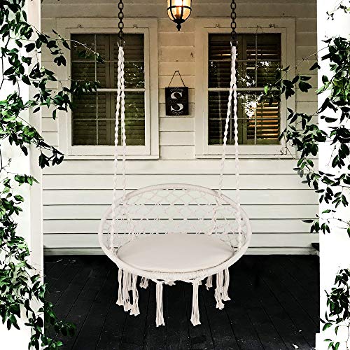 Ribelli Hängesessel, Hängestuhl, beige für die Deckenmontage mit Halteseilen und bequemen Sitzkissen Ø62 cm – Bild 6