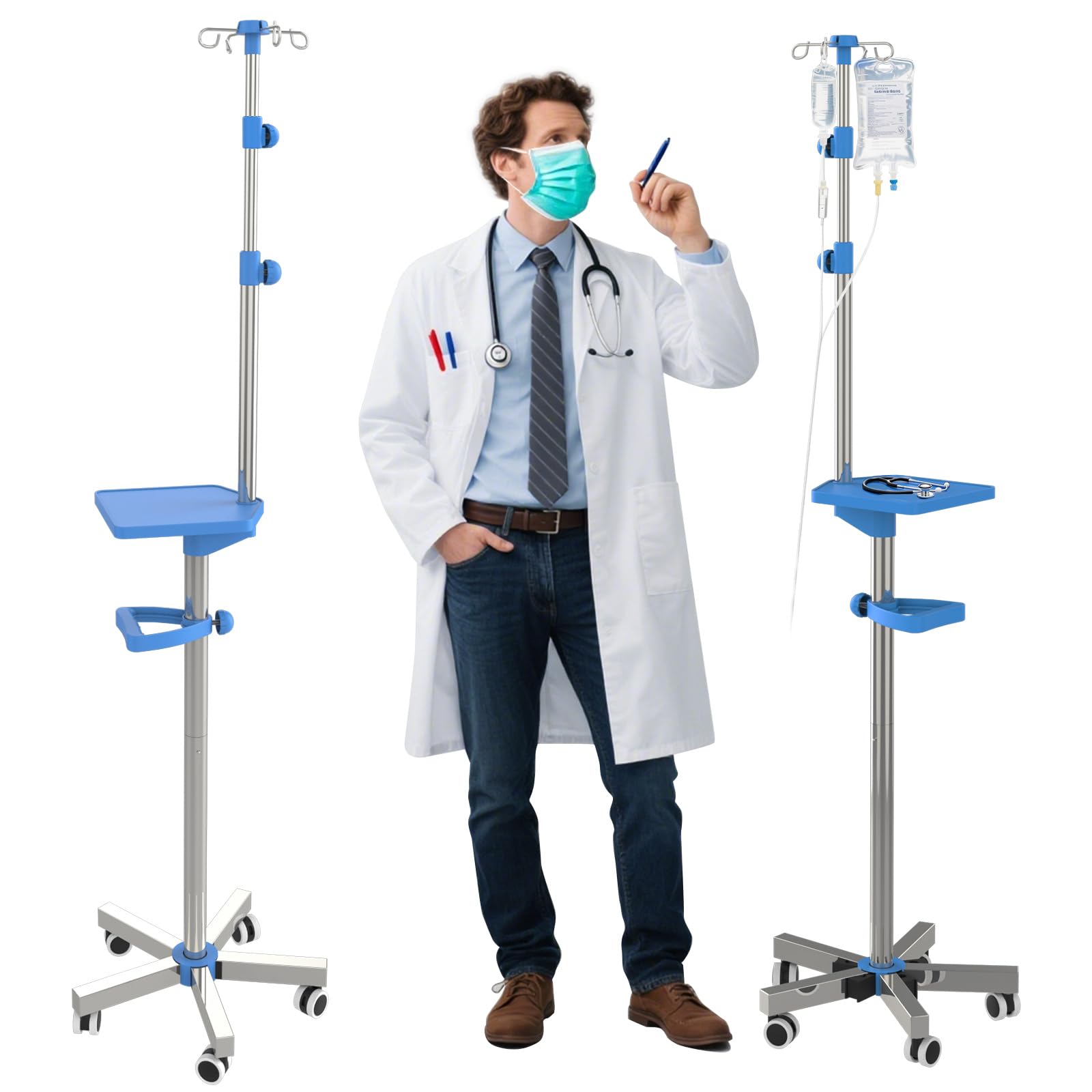 Photo 1 of IV Pole with Wheels Medical Portable IV Stand with 4 Hooks and Tray, 52.3“ to 70.8” Height Adjustable, IV Pole Stand for Hospital, Home and Outdoor Use