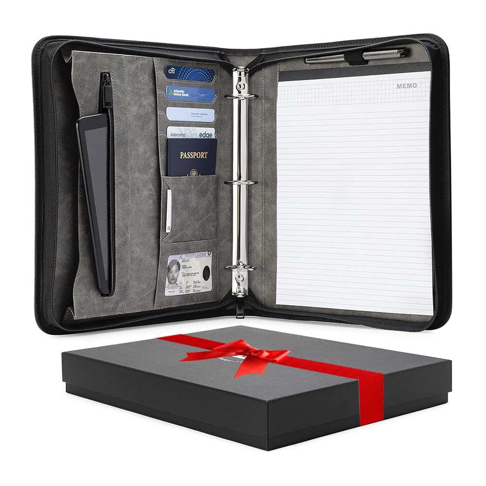 Photo 1 of Forevermore Portfolios Portfolio Organizer - 1.5" 3 Ring Binder with Notepad - Zippered Storage Pouch for Papers, Travel Documents, Presentation Folder with Pockets for Card, Passport, Tickets - Gray