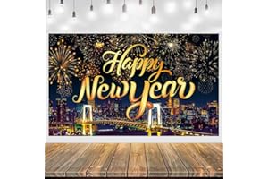 GERMISHUYS Happy New Year Backdrop, Happy New Year Decorations 2025 New Year Banner with Firework Pattern, New Years Eve Party Supplies 2025