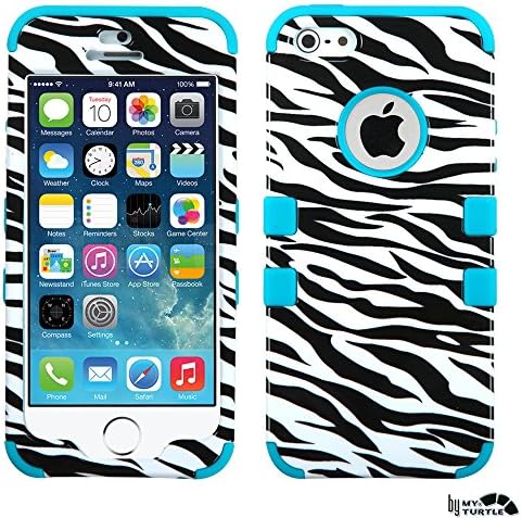 MyTurtle Shockproof Hybrid 3-Layer Hard Case Bundled with [9H Tempered Glass] Screen Protector Shock-Absorption and Anti-Scratch Bumper Back Cover for iPhone SE 5S 5 (Zebra Black Teal)