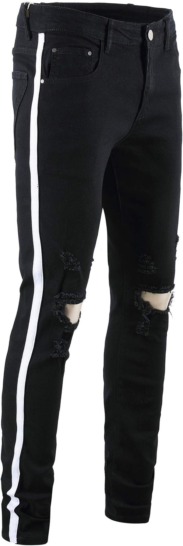 Men's Casual Distressed Ripped Jeans Skinny Stretchy Side Color Ribbon Pants