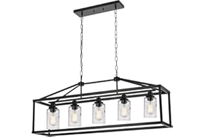 BONLICHT Black Farmhouse Chandeliers Rectangle 5 Light Modern Kitchen Island Pendant Light with Clear Water Glass Industrial Linear Dining Room Lighting Fixture Hanging Flush Mount Ceiling Lights