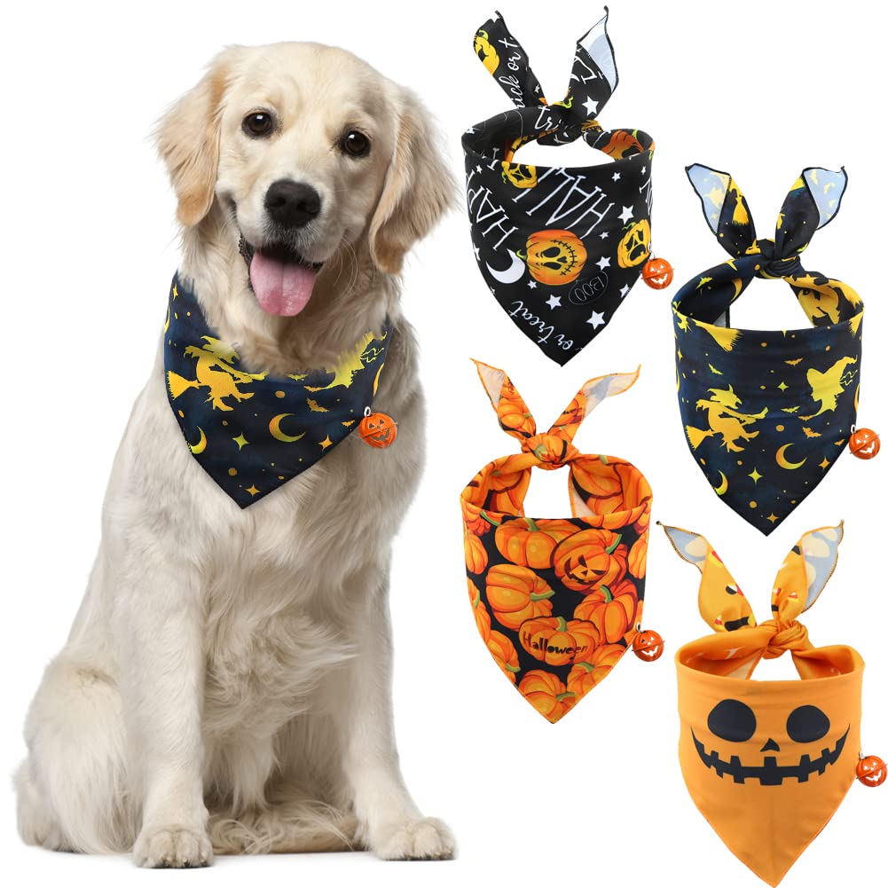 Halloween Dog Bandana with Pumpkin Bells, Pumpkin dog Triangle Scarfs, 4 Pack Bandanas for Medium and Large Pet(Style B)