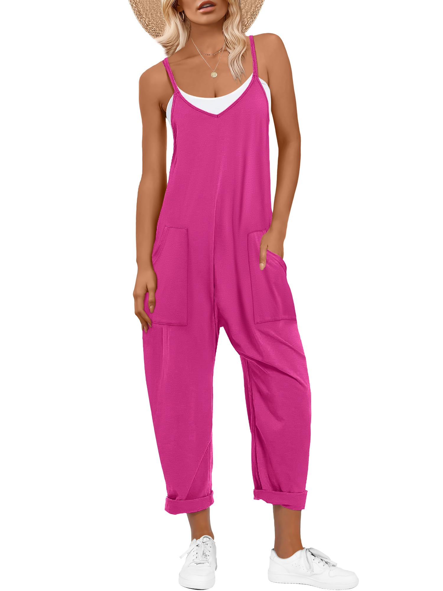 Photo 1 of *small* ANRABESS Jumpsuits for Women Casual Summer Overalls Sleeveless Spaghetti Strap Romper Jumpers Trendy Beach Vacation Outfits Hot Pink Small