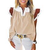 Tankaneo Womens Ruffle Color Block Tank Tops Summer Casual Dressy V Neck Pleated Blouse Loose Fit Sleeveless Shirts