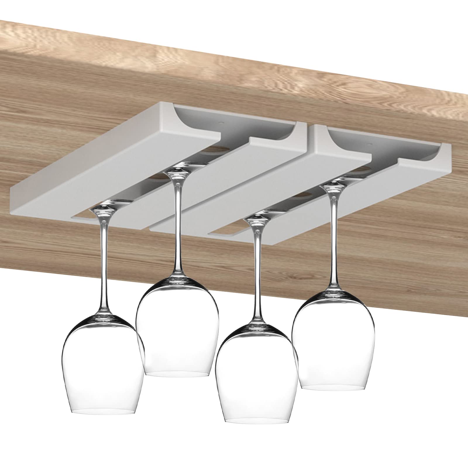 JYCRA 2 PCS Under Cabinet Punch-free Plastic Wine Glass Holder,No Drilling Stemware Rack Glasses Storage Hanger for Bar Kitchen,White