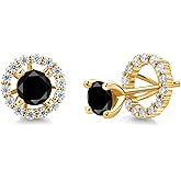Gem Stone King 18K Yellow Gold Plated Silver Stud Earrings Round Black Diamond and Moissanite (1.52 Cttw)