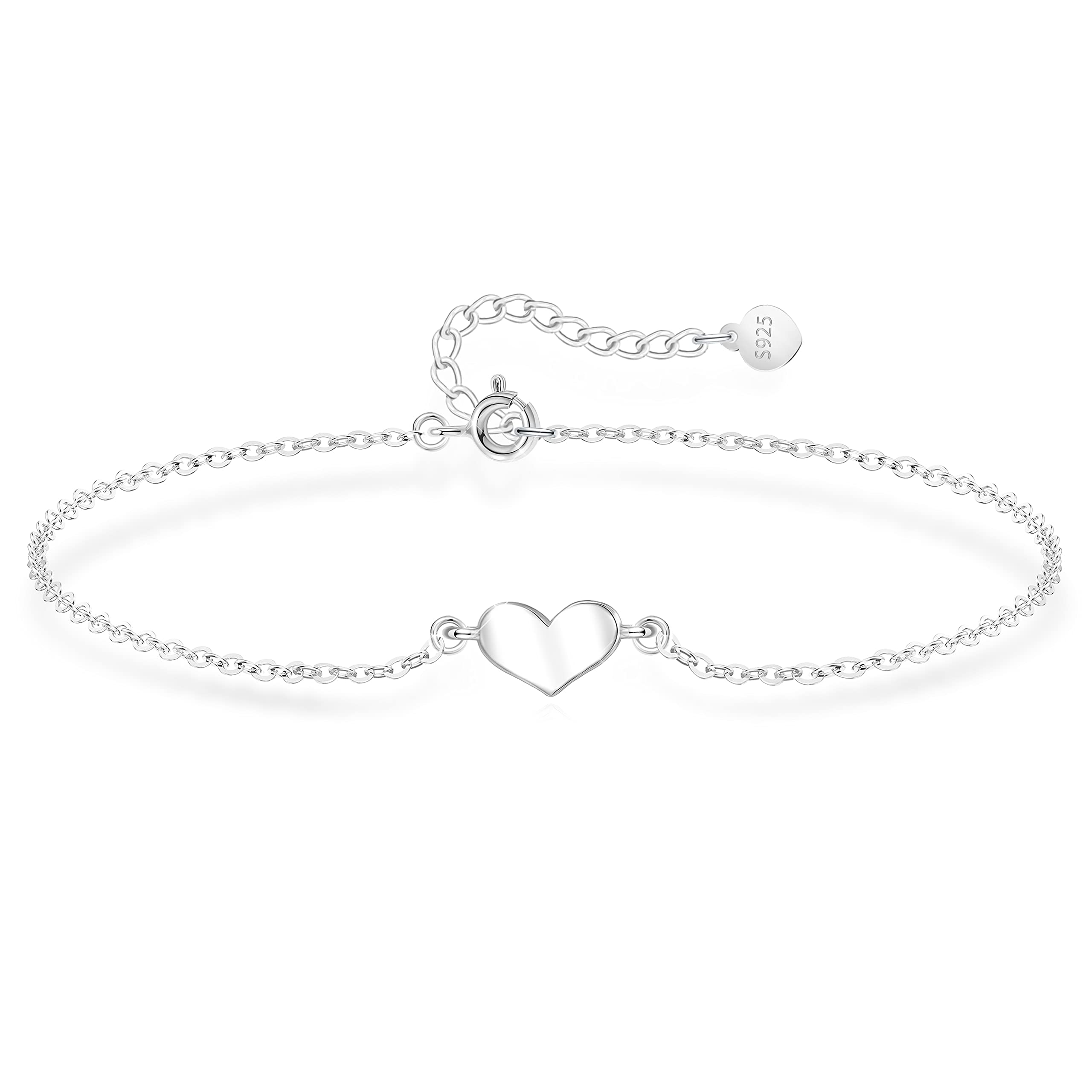 KristLand Sterling Silver Bracelet 925 Silver Heart Bracelet Hand Chain White Gold Plated Adjustable Silver Bracelet Anniversary Birthday Gifts for Women Ladies Girl