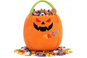Finebee Halloween Plush Pumpkin Trick Or Treat Basket, Cute Pumpkin Stuffed Animal Candy Bucket, Halloween Party Favor Bags with Handles Plush Toys for Kids Toddlers Girls Boys