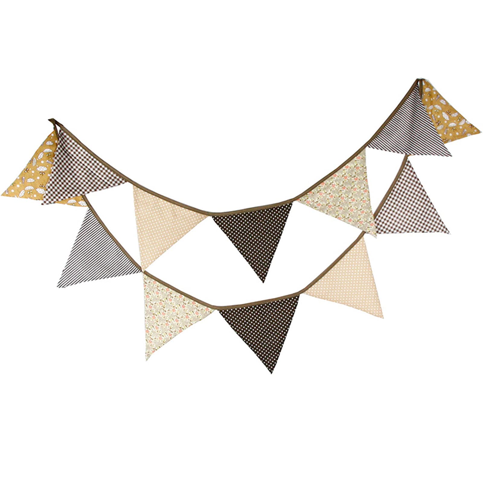 G2PLUS Double Sided Fabric Bunting Banner -12PCS Brown Fabric Bunting Nursery - 3.3M Cotton Triangle Pennants for Decorating Boys Bedroom Birthday Parties