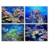 Biuteawal - 4 Panel Canvas Wall Art Ocean Bottom View Painting Beautiful Coral Fish Underwater World Picture Prints on Canvas Framed Gallery Wrapped Ready to Hang