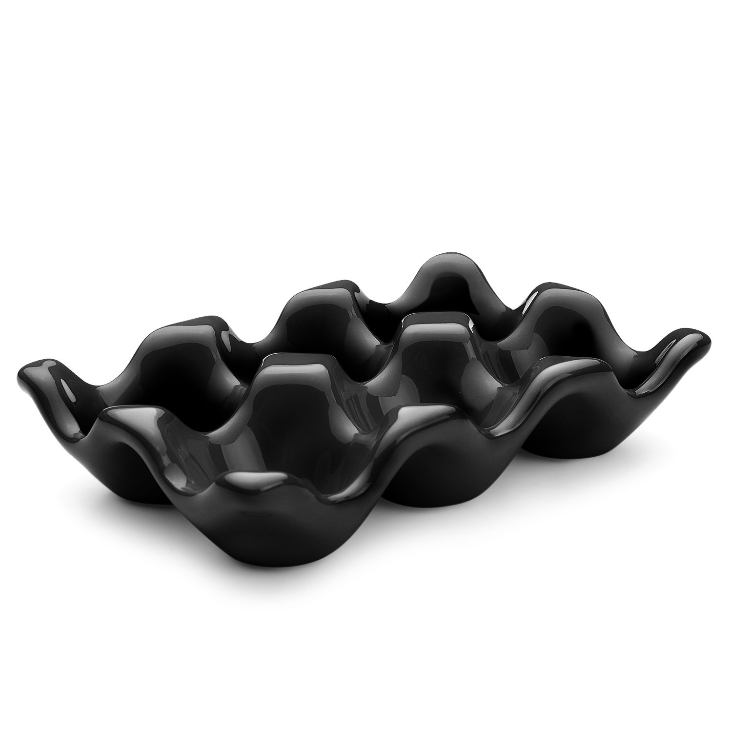Flexzion Ceramic Egg Holder for Fridge - 6 Cups Egg Tray Half Dozen Porcelain Container Keeper Storage Organizer Decorative Serving Dish Serveware for Refrigerator Countertop Display Kitchen (Black)