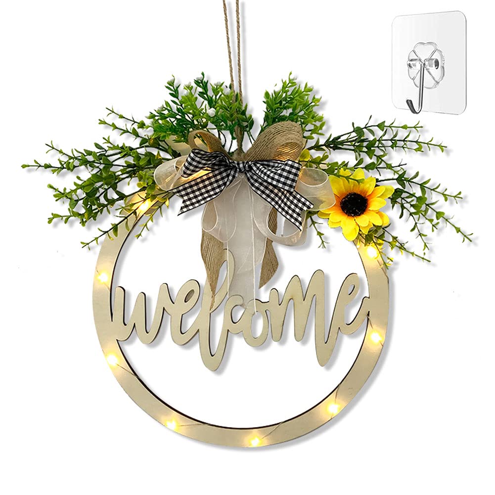 Welcome Sign for Front Door, Outdoor Welcome Porch Sign Hollow Carved, Farmhouse Wooden Welcome Sign for Spring Daisy Wreath, Rustic Round Led Lighted Hanging Sign for Home Decorations
