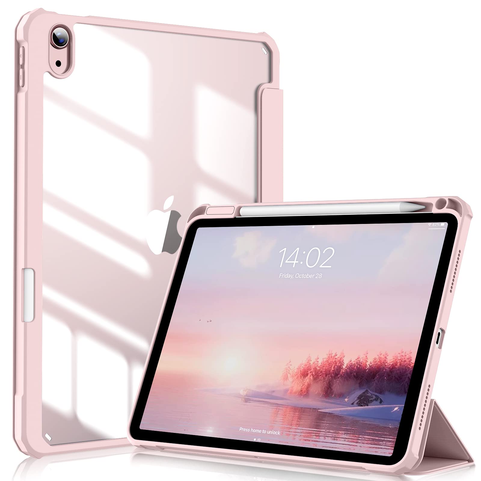 ZOYU Case for iPad Air 11 Inch M3 (2025) / M2 (2024), iPad Air 5th/4th Generation 10.9 Inch (2022/2020) with Pencil Holder, Slim Stand Smart Cover with Clear Back Shell, Auto Sleep/Wake, Pink
