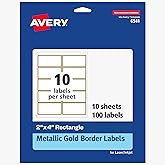 Avery Printable Rectangle Labels, 2" x 4" Blank Labels, Shipping, Matte White, Metallic Gold Border, Permanent Adhesive, Laser/Inkjet Printable, 100 Total (6541)