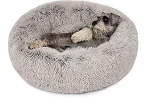Friends Forever Donut Dog Bed Faux Fur Fluffy Calming Sofa For Medium Dogs, Soft & Plush Anti Anxiety Pet Couch For Dogs, Machine Washable Coco Pet Bed with Non-Slip Bottom, 30"x30"x7" Grey