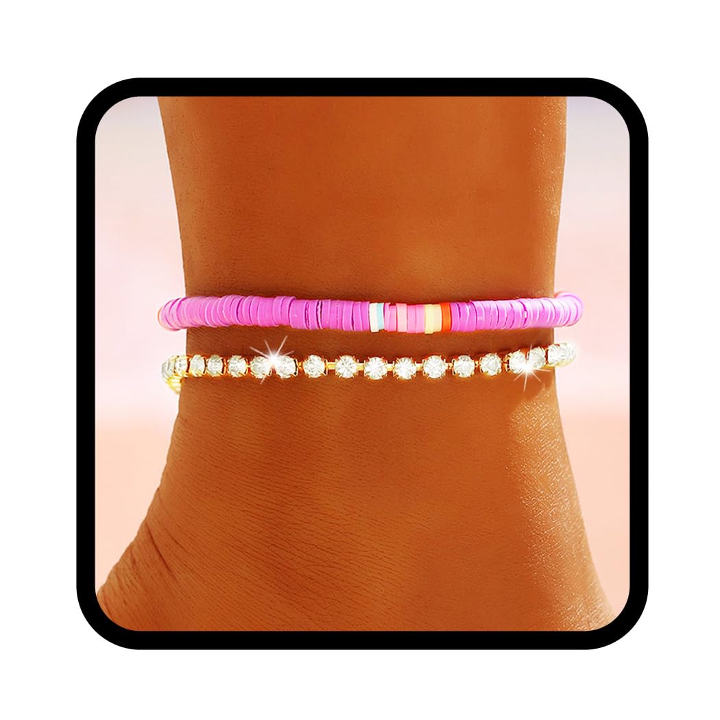 Handcess Boho Double Anklets Gold Crystal Ankle Bracelets Purple Beaded Foot Jewelry for Women and Girls