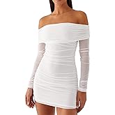 Mokoru Women's Sexy Elegant Off The Shoulder Mesh Long Sleeve Ruched Bodycon Cocktail Party Mini Dresses