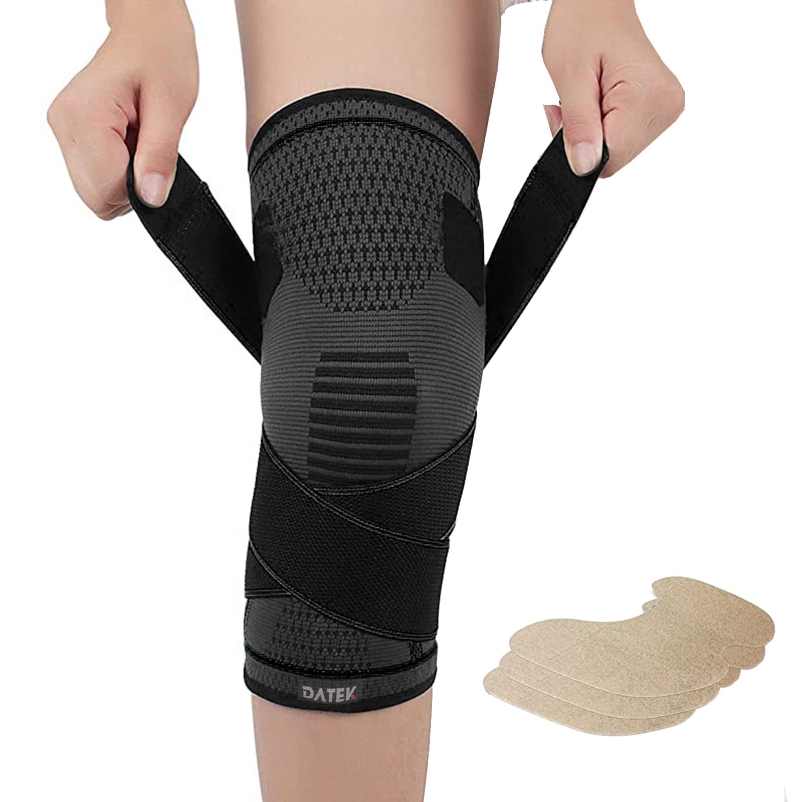 Datek Knee Brace Support Sleeve with Adjustable Straps. Unisex compression knee sleeve to relieve knee pain, Meniscus tear, Arthritis. FREE 3 Natural Pain Relief Knee Plasters. Sports Suitable. (XL)
