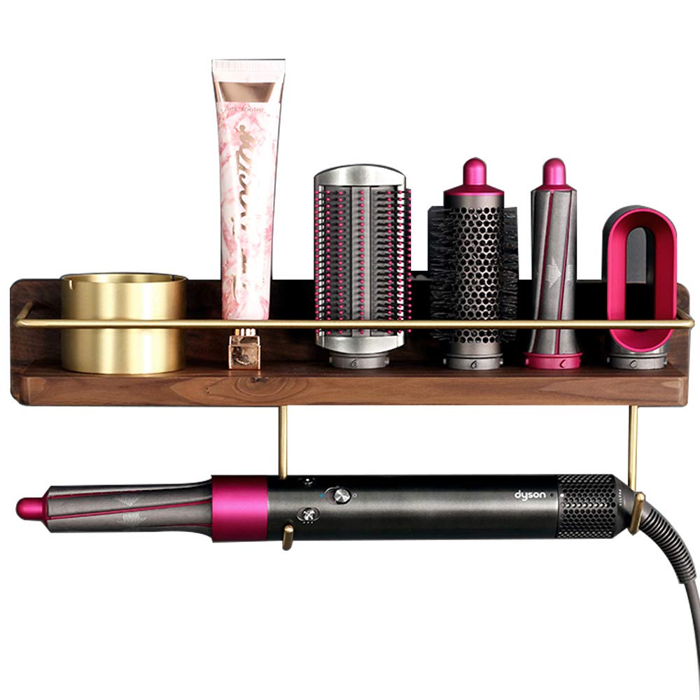 Iamagie Wall Mount Holder for Dyson Airwrap Styler Hair Curler Wand Brush Barrels Bathroom Shelf Tray Wood Stand Home Bedroom Hair Salon Storage Organizer with Hook for Comb Cream Facial Cleanser