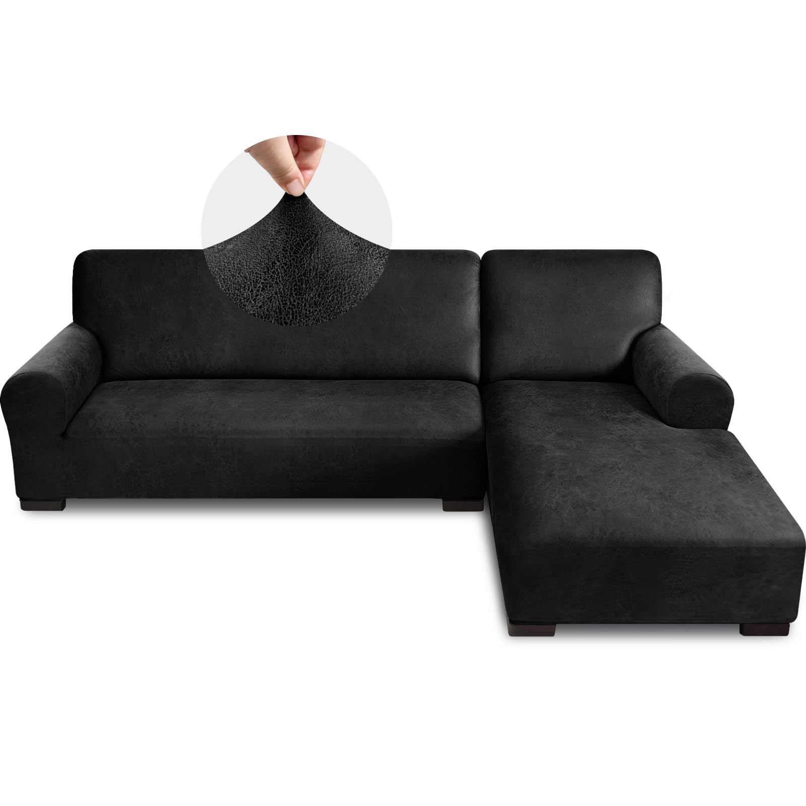 Photo 1 of Pfrstuv Sectional Couch Covers, Leather Look Sofa Cover L Shape 2PCS Soft Stretch Slipcover for Sectional Sofa, Non Slip Furniture Protector (3 Seat Sofa + 3 Seat Left Chaise, Black)