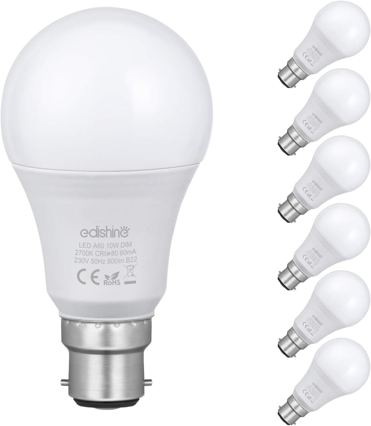 EDISHINE 6 Pack Dimmable Bayonet Light Bulb, Warm White 2700K, 9W LED Bulb, 60W Incandescent Equivalent