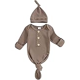KMBANGI Newborn Baby Boys Girls Knotted Gown Hat Set Long Sleeve Button Infant Sleeper Baby Sleep Gown with Mittens