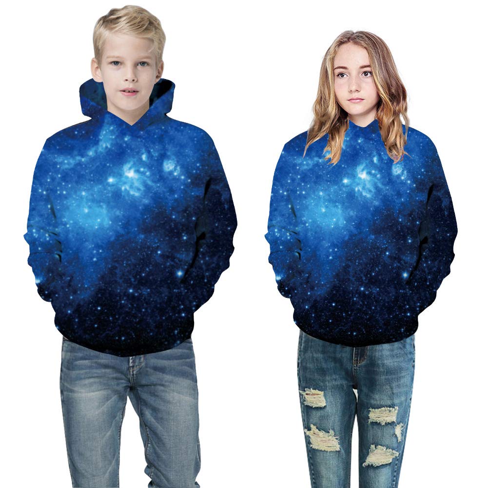 Little Boys Cool Galaxy Hoodies Blue Starry 3D Hooded Sweatshirts for Junior Girls Trippy Space Universe Pullover Fleece Sweater Shirts Shinning Activewear Sports Running Hoodie Hoody 5/6 Years