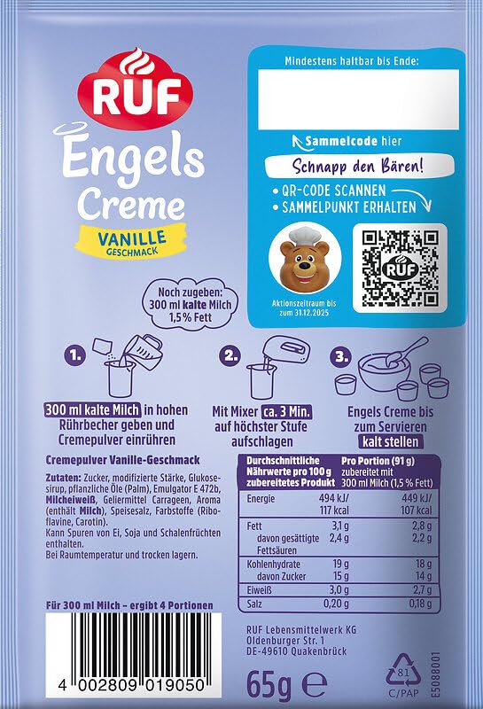 RUF Engels Creme Vanille, Dessertpulver für eine Dessertcreme mit klassischem Vanille-Geschmack, 4 Portionen 2