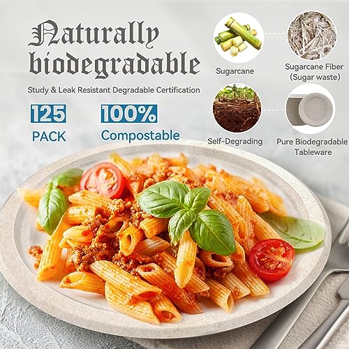 Gamneylife Paper Plates 100% Compostable Paper Plates (125-Pack Disposable Heavy-Duty Quality, Natural Bagasse Eco-Friendly Biodegradable Made of Sugar Cane Fiber (7 Inch)