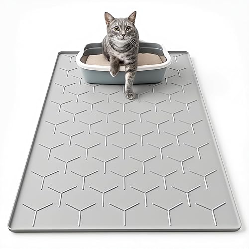 Garoopion Cat Litter Mat, Large 86x56cm Litter Tray Mat, Waterproof Silicone Pad, Easy to Clean, Grey