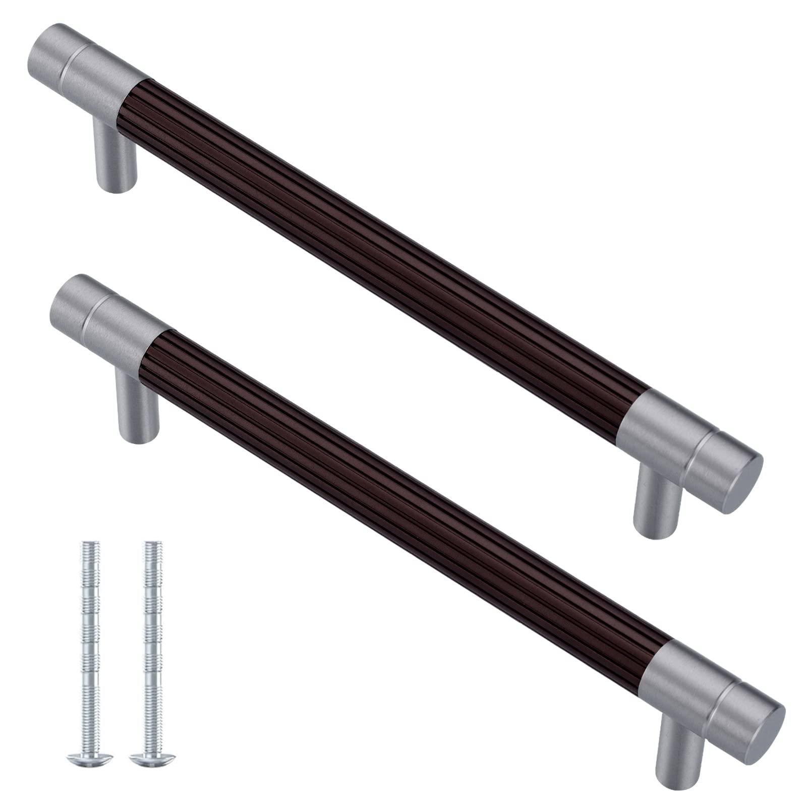 YJROOMS 5 Pack Brown+Brushed Nickel 160mm Hole Center Kitchen Handles Cupboard Handle T Bar Cabinet Knobs for Kitchen Bathroom Round Drawer Furniture Pull