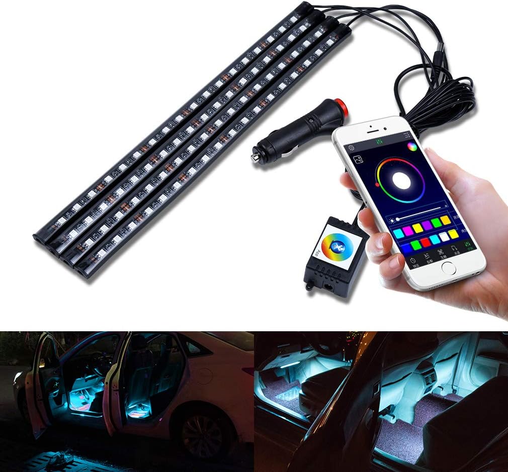 Car Interior Strip Light Floor Foot Under Dash Lighting Kit Auto Decoration Atmosphere Lamp Motor home indoor lights 4PCS 72LED Multicolor Color Bluetooth App Controller With Sound Active Function