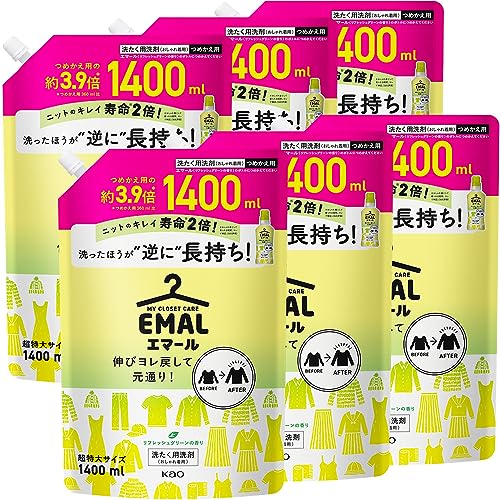 【ケース販売】エマール 伸びヨレ戻して元通り、洗ったほうが、逆に長持ち! リフレッシュグリーンの香り 詰替え用 1,400ｍｌ×6個 大容量商品画像