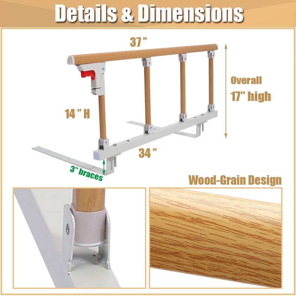 Bed Rails Safety Assist Handle Bed Railing for Elderly & Seniors, Adults, Children Guard Rails Folding Hospital Bedside Grab Bar Bumper Handicap Medical Stand Assistance Devices (Wooden Grain): Kitchen & Dining