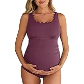 Summer Mae Ribbed Maternity One Piece Swimsuit Scalloped Cut Out Pregnancy Bathing Suit Square Neck