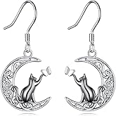 JERWLI Black Cat Earrings 925 Sterling Silver Cute Animal Crescent Moon Cat Dangle Drop Earrings Jewelry Gifts for Cats Lover