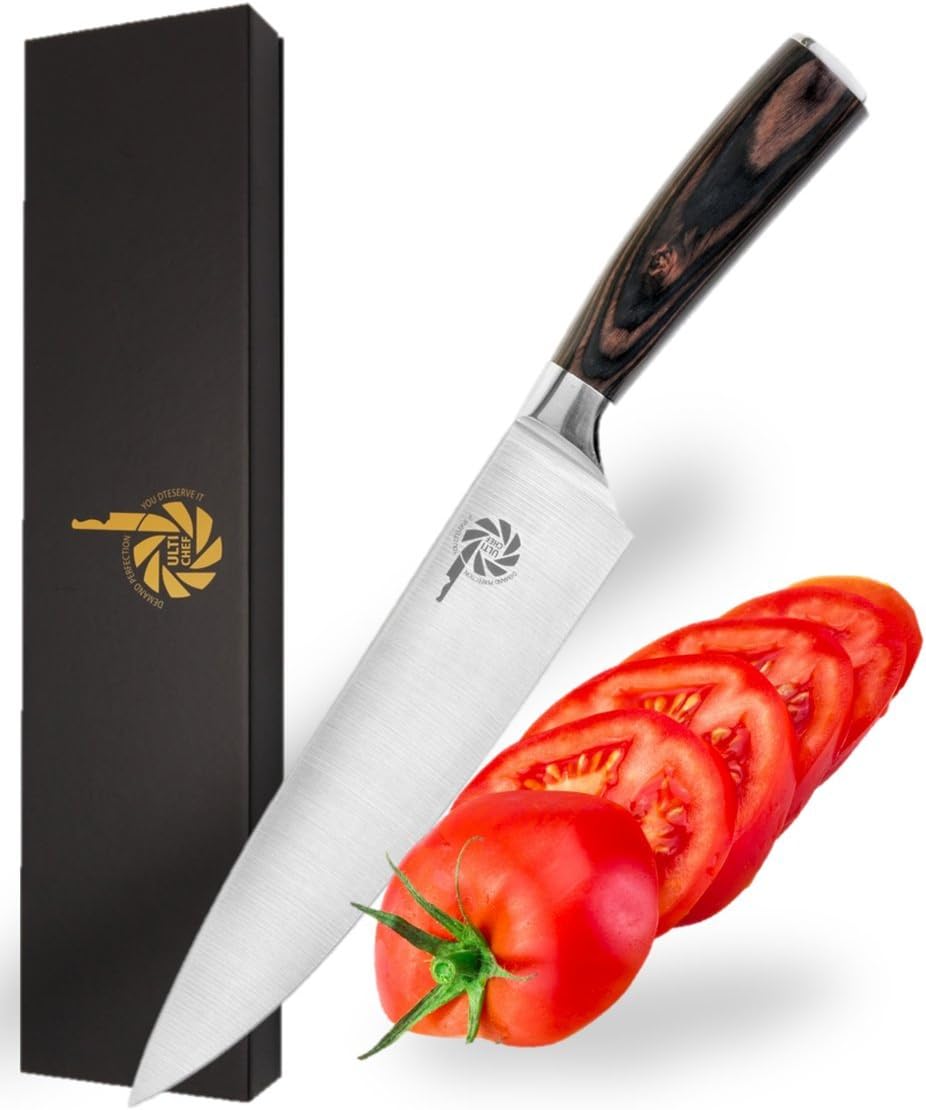 ULTICHEF Professional Gyutou Chef's Knife - Japanese Knives, Stainless Steel, 8 Inch Silver Blade, Ultra Sharp, Wooden Ergonomic Handle. Perfect for Cutting, Slicing, Dicing & Chopping