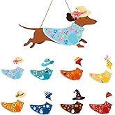 Interchangeable Wooden Dachshund Decoration, Xmas Hanging Wall Door Decor, Changeable Holiday Seasonal Decor and Detachable Hats Welcome Sign, Farmhouse Hanging Sign for Front Door, 16 PCS
