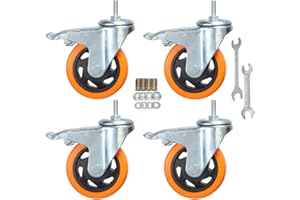 YEWEKE Stem Caster Wheels Heavy Duty Casters PVC M8-1.25x1″ (Stem Diameter 8mm, Stem Length:1″) Casters with Brake Dual Locking for Home, Office, Industry use (4 Inch, with Brake)