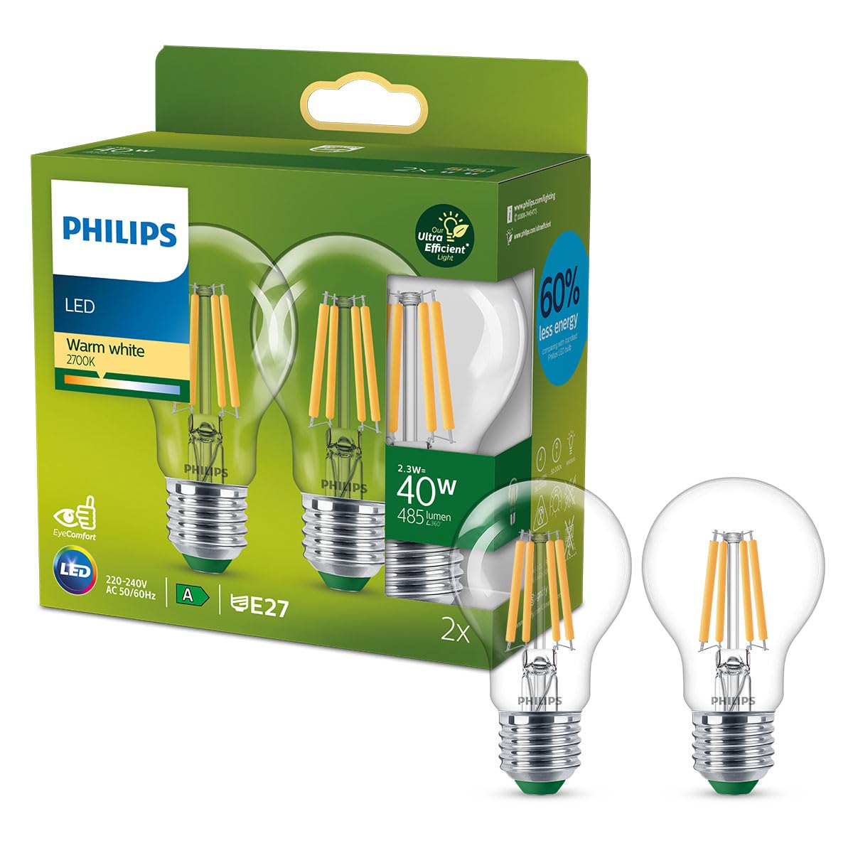 Philips Ultra Efficient - Ultra energy saving lights, E27 LED light source, 40W, A60, warm white, pack of 2, clear — image 1