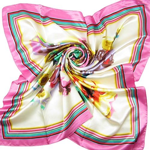 Deacroy Women's Silk Scarf Graphic Print Large Square Smooth Elastic Satin Scarf, Pink, 35.4 x 35.4inch