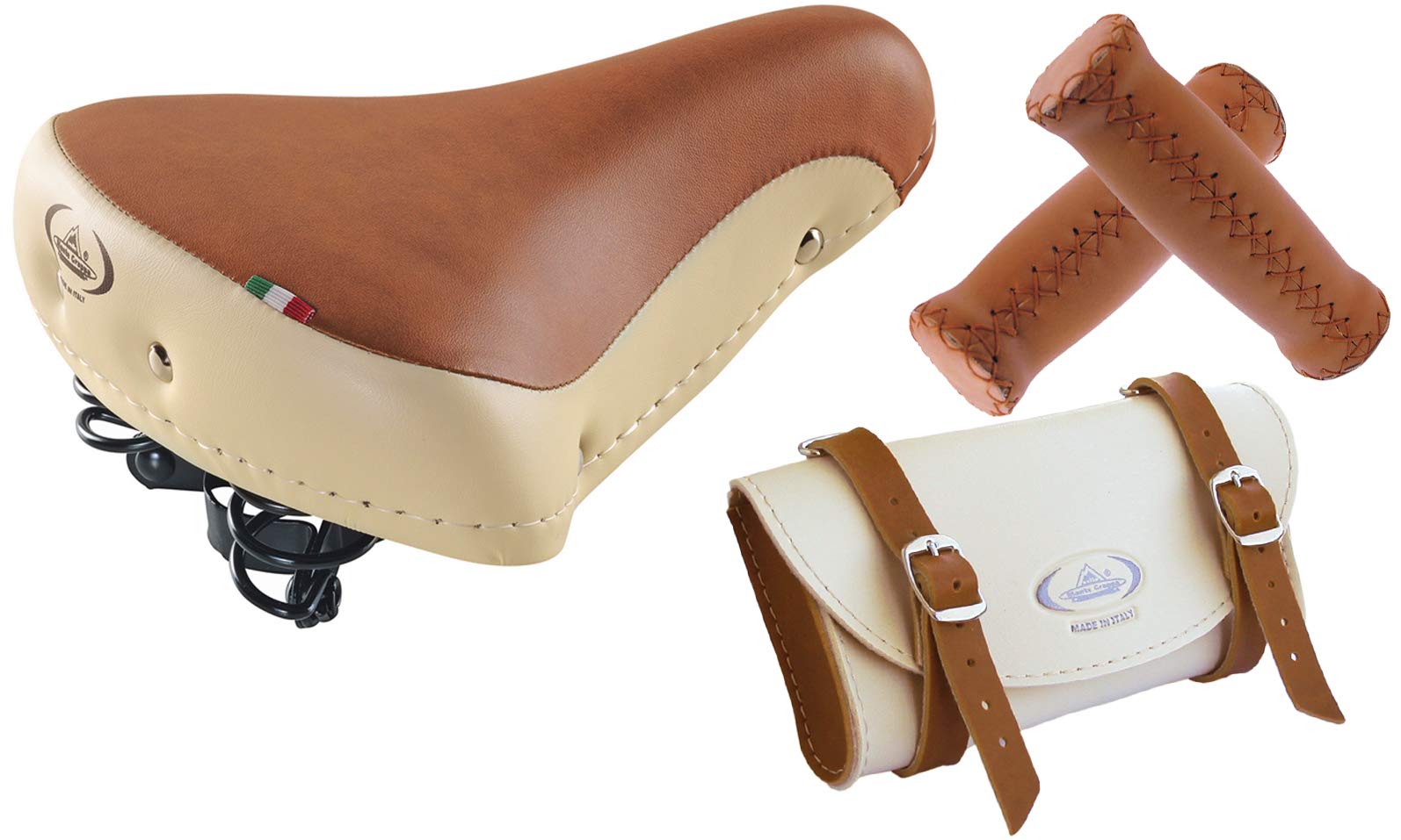 Tris Montegrappa (Cream/Honey+Cream/Honey+Honey): Vintage Bike Seat Saddle Model 08/F + Bag MOD 0016 + Grips