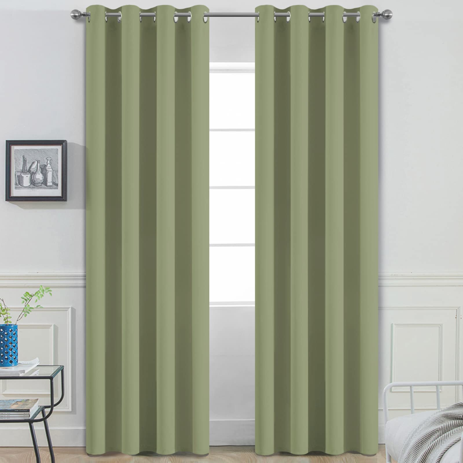 Yakamok Blackout Curtains for Bedroom,Thermal Insulated Blackout Grommet Top Drapes for Living Room,Sage Green,52x84 Inch, 2 Panels