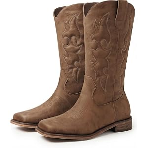 Foscape Square Toe Cowboy Boots for Women - Mid Calf Western Cowgirl Boots | Padded Embroidered, Vintage Hand Brushed, Soft L